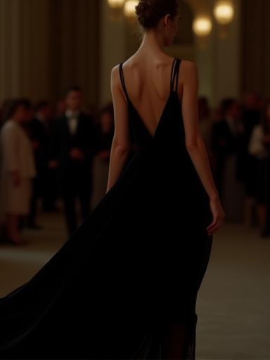 Model in an elegant evening wear outfit, a flowing dress.